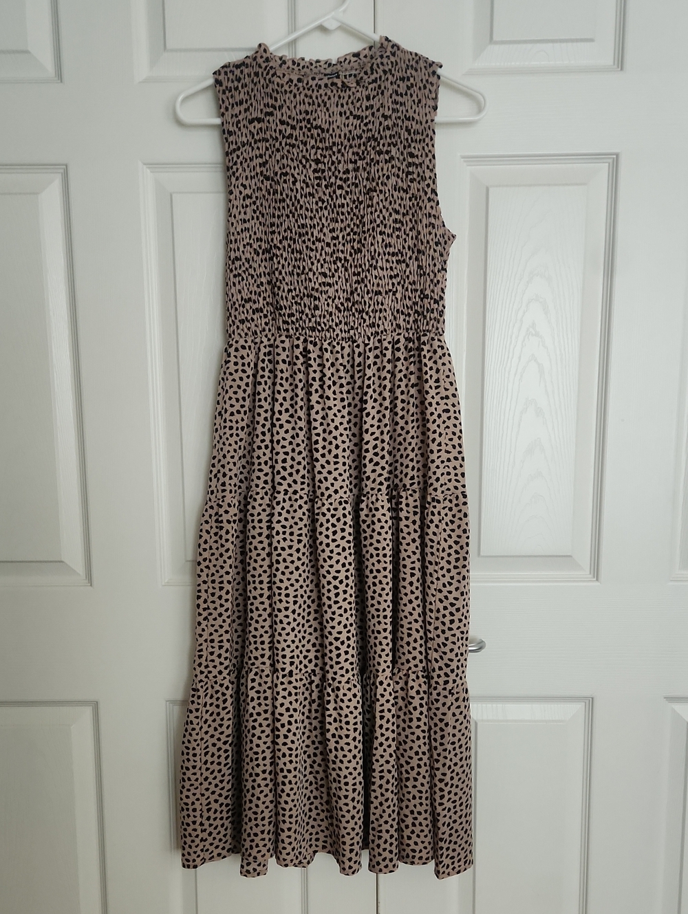 Sleeveless Beige Midi Dress with Black Spot Print